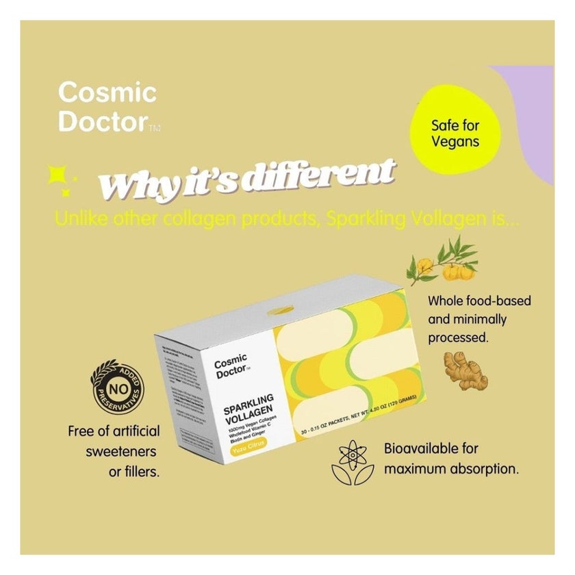 Cosmic Doctor Sparkling Vollagen Vegan Collagen Supplement Sachets, Yuzu Citrus Flavor, Pack of 30's