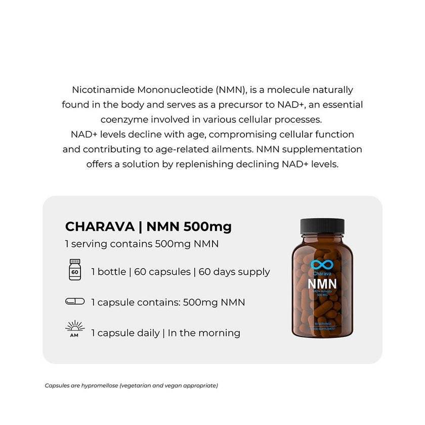 Charava NMN NAD+ Activator 500mg Capsules, Pack of 60's