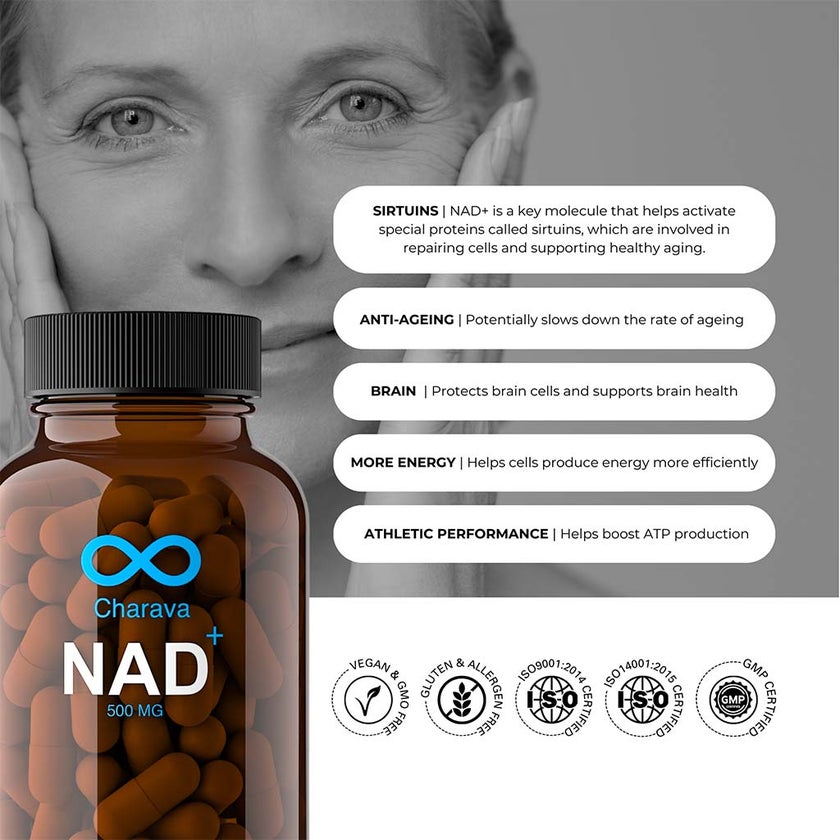 Charava NAD+ 500mg Antiaging Supplement Capsules, Pack of 30's
