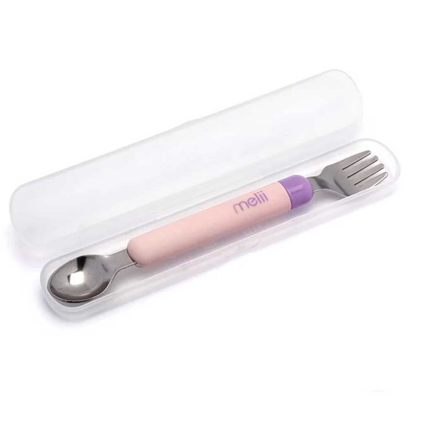 Melii Baby Feeding Spork On the Go Pink Spoon & Purple Fork For 12+ Months