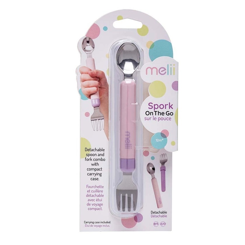 Melii Baby Feeding Spork On the Go Pink Spoon & Purple Fork For 12+ Months