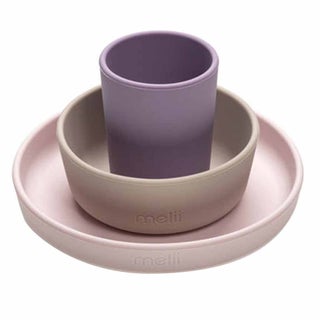 Melii Baby Feeding Silicone Plate, Bowl & Cup 3 Piece Meal Set, Color - Pink, Purple, Grey 