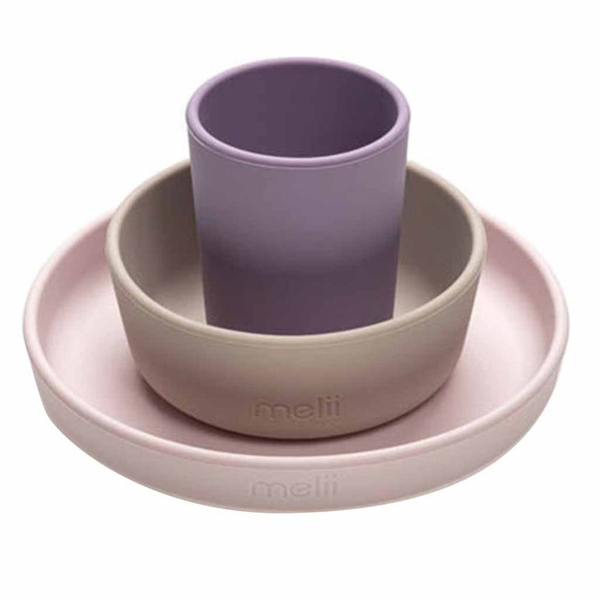 Melii Baby Feeding Silicone Plate, Bowl & Cup 3 Piece Meal Set, Color - Pink, Purple, Grey 