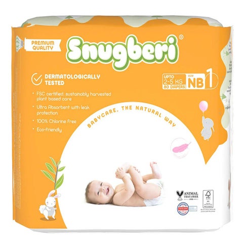 Snugberi Newborn Baby Diapers, Size 1, 2-5kg - 80 Diapers
