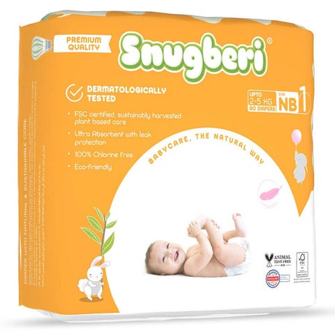 Snugberi Newborn Baby Diapers, Size 1, 2-5kg - 80 Diapers