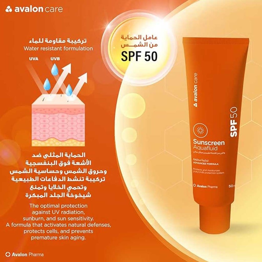 Avalon Care SPF50 Sunscreen Aquafluid Cream 50ml