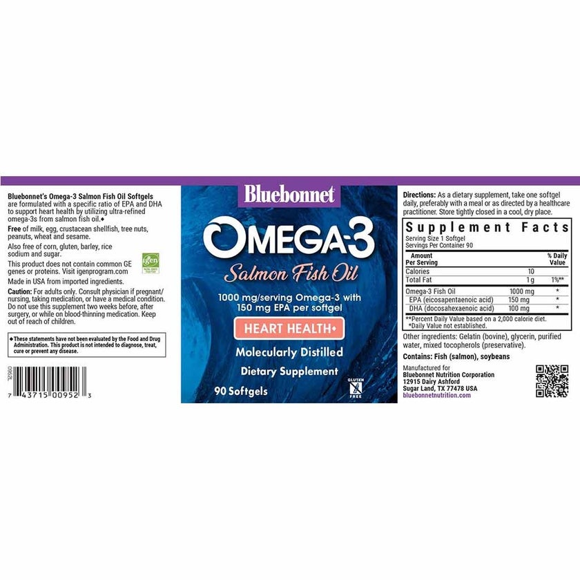 Bluebonnet Omega-3 Salmon Fish Oil 1000mg Softgels, Pack of 90's