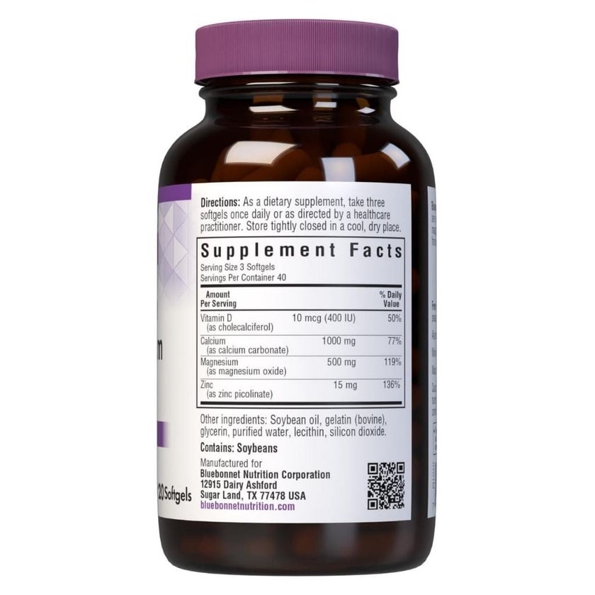 Bluebonnet Calcium, Magnesium, Zinc, Vitamin D Supplement Softgels, Pack of 120's