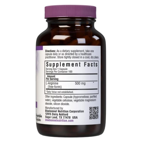 Bluebonnet L-Arginine 500mg Supplement Capsules, Pack of 100's