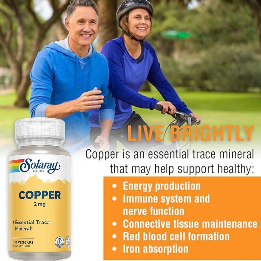 Solaray Copper 2mg Vegetarian Capsules For Immune Health, Pack of 100's