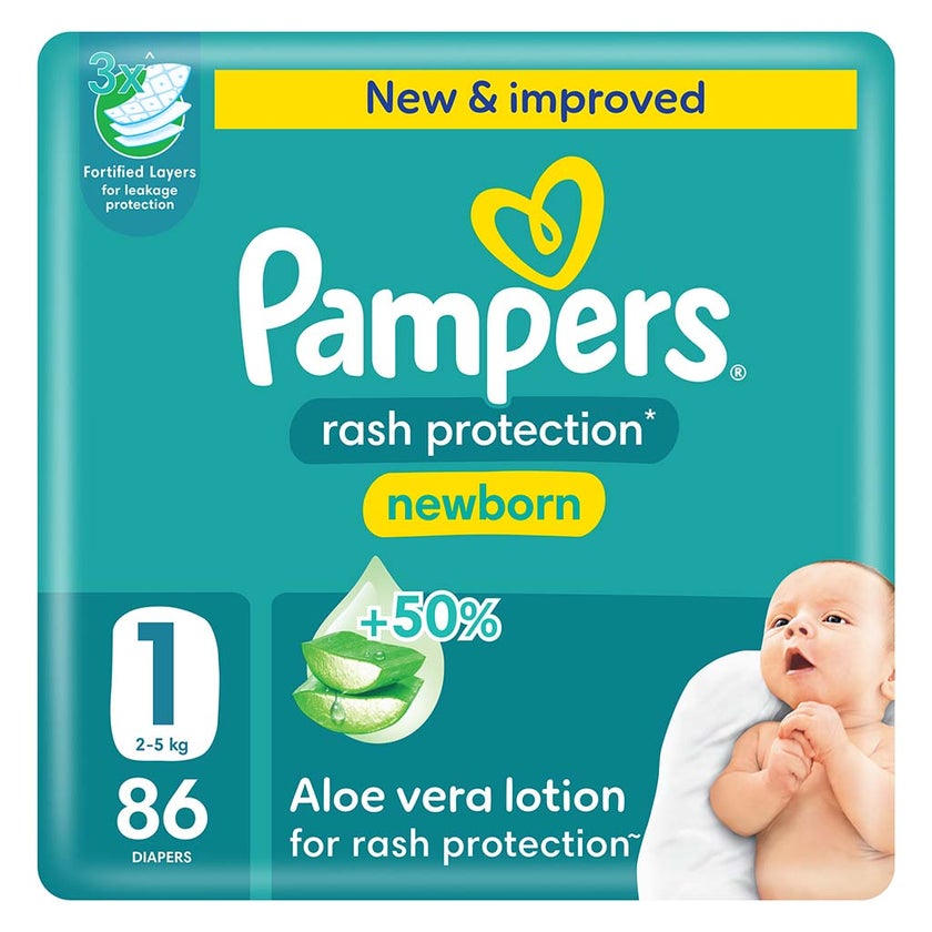 Pampers Rash Protection Size 1, 2-5kg Newborn Diapers, Pack of 86's