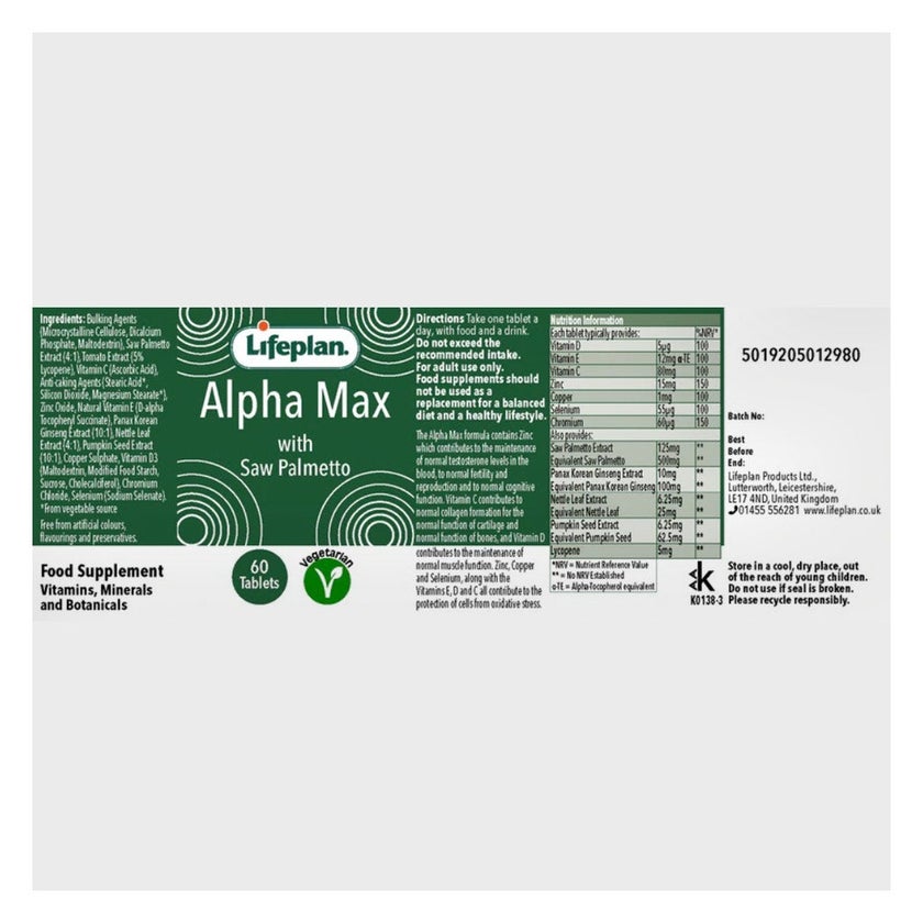 Lifeplan Alpha Max With Saw Palmetto Tablets, Pack of 60’s
