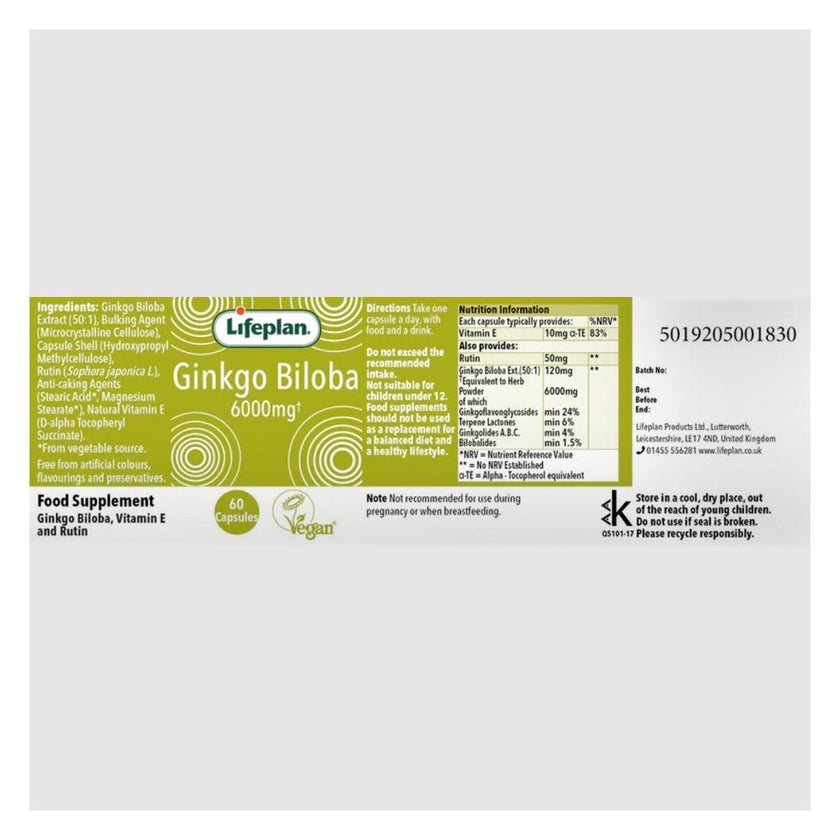 Lifeplan Ginkgo Biloba 6000mg Tablets, Pack of 60’s