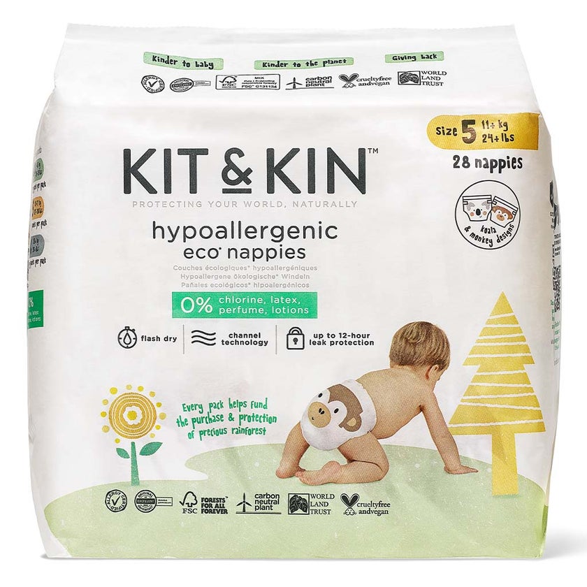 Kit & Kin Eco Friendly Hypoallergenic Size 5 Baby Diapers For 11+ Kg, Pack of 28’s
