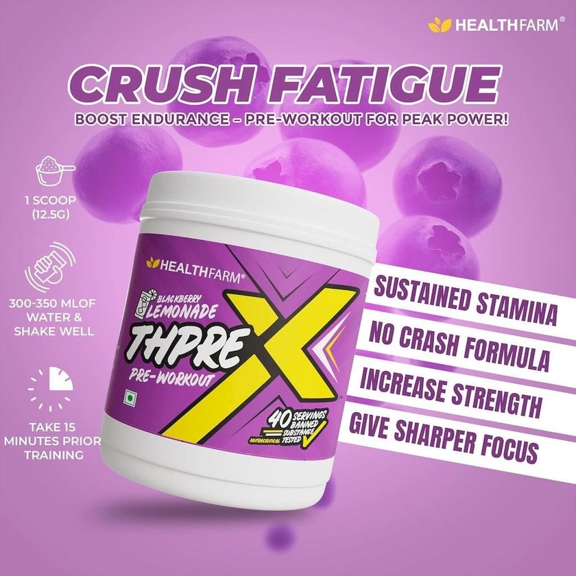 Healthfarm ThPreX Pre-Workout Supplement - Blackberry Lemonade Flavor 500g, 40 Servings