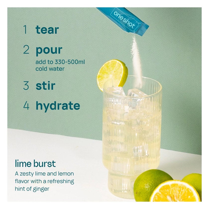 Oneshot Hydrate Lime Burst Electrolyte & Vitamin Drink Sticks, Pack of 14's