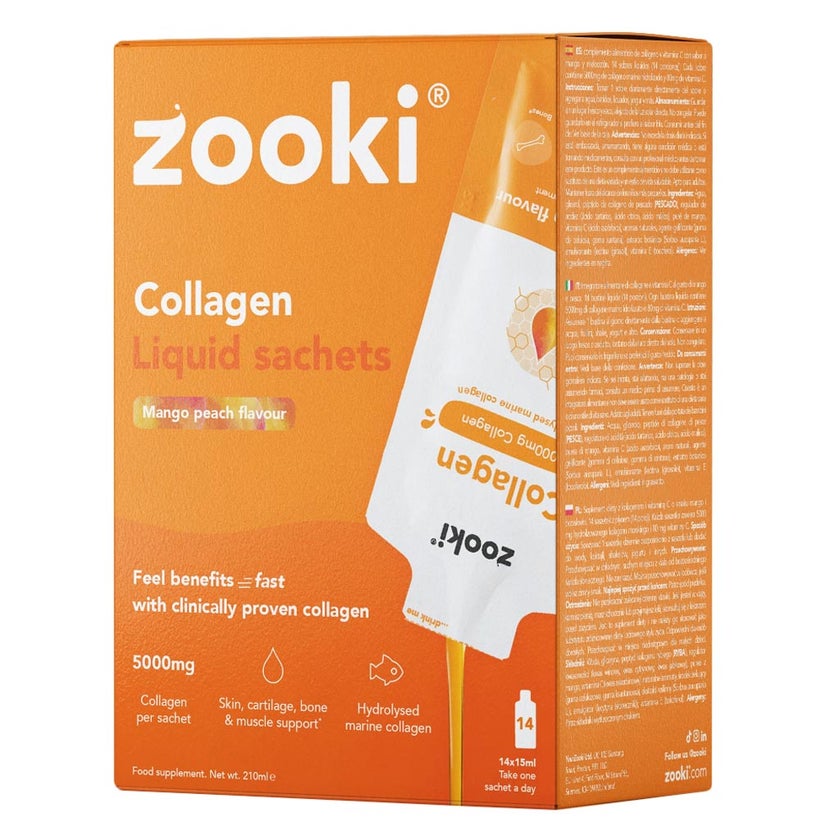 Zooki Marine Collagen 5000mg Mango Peach Flavor Liquid Sachets 15ml, Pack of 14's
