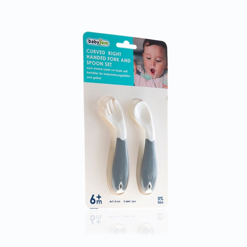 Babyjem Curved Right Handed Fork & Spoon Set For 6+ Months Baby - White