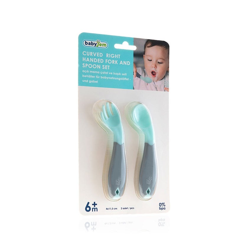 Babyjem Curved Right Handed Fork & Spoon Set For 6+ Months Baby - Green