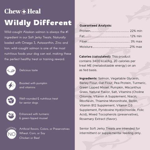 Chew + Heal Salmon Soft Jerky Treats For Senior Dogs 340g