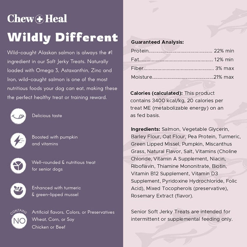 Chew + Heal Salmon Soft Jerky Treats For Senior Dogs 340g