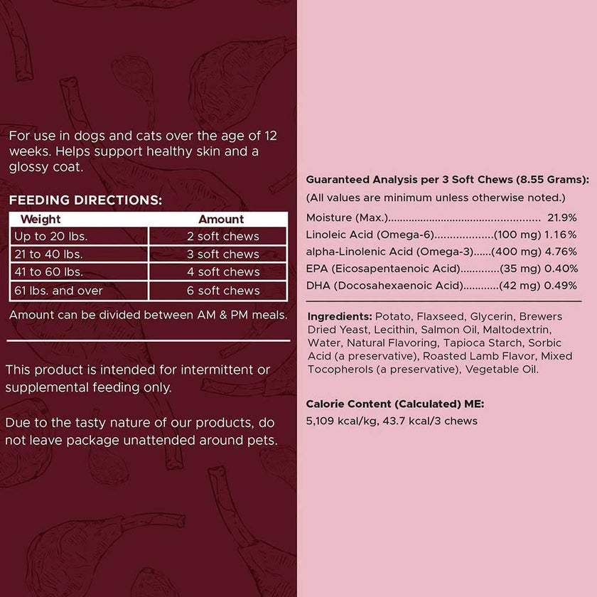 Chew + Heal Omega Skin + Coat Lamb Flavored Soft Chews For Dogs & Cats, Pack of 180's