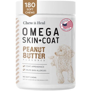 Chew + Heal Omega Skin + Coat Peanut Butter Flavored Soft Chews For Dogs & Cats, Pack of 180's