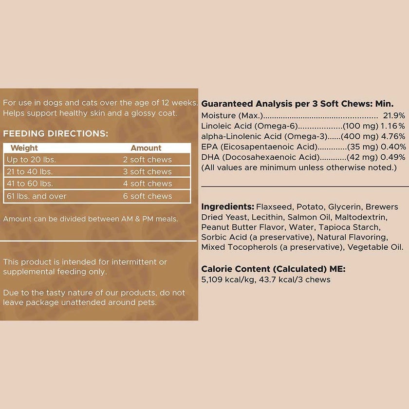 Chew + Heal Omega Skin + Coat Peanut Butter Flavored Soft Chews For Dogs & Cats, Pack of 180's