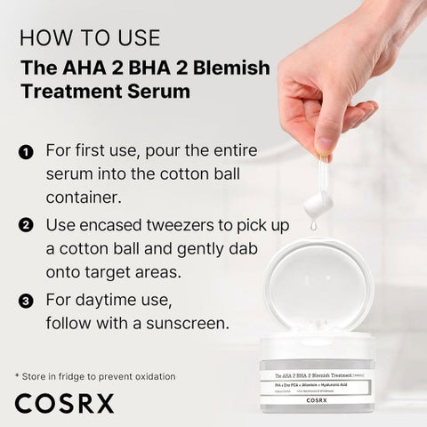 Cosrx AHA 2% BHA 2% Blemish Treatment Serum 50g - 60 Cotton Balls