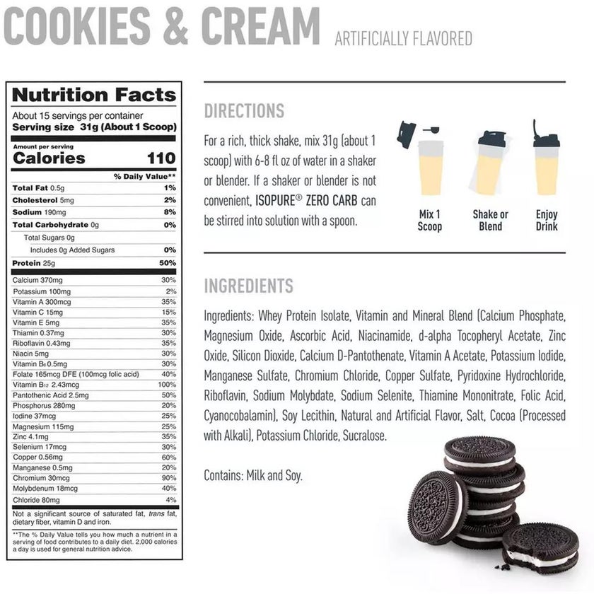 Nature's Best Isopure Zero Carb Protein Powder 1lb, Flavor - Cookies & Cream 