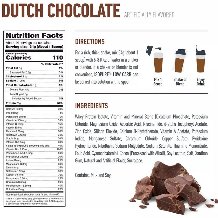 Nature's Best Isopure Zero Carb Protein Powder 1lb, Flavor - Dutch Chocolate