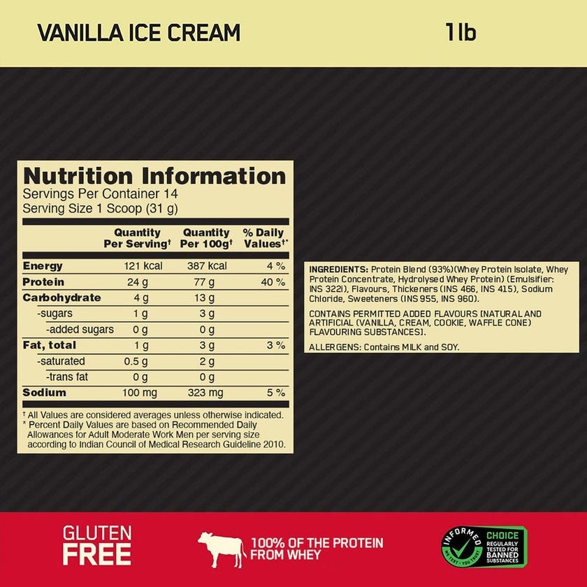 Optimum Nutrition Gold Standard 100% Whey Vanila Ice Cream Protein Powder 1lb