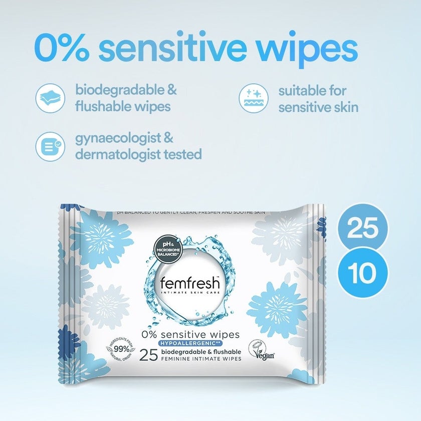 Femfresh Intimate 0% Sensitive Wipes, Pack of 25's