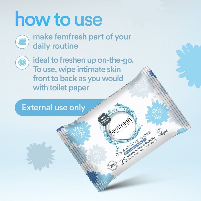 Femfresh Intimate 0% Sensitive Wipes, Pack of 25's