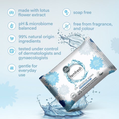 Femfresh Intimate 0% Sensitive Wipes, Pack of 25's