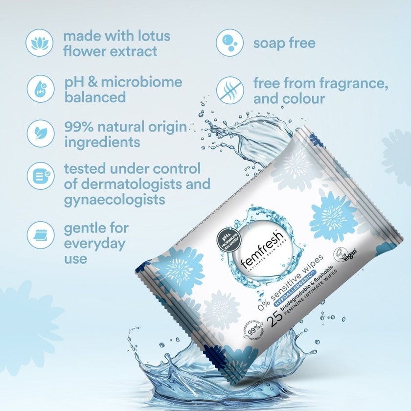 Femfresh Intimate 0% Sensitive Wipes, Pack of 25's