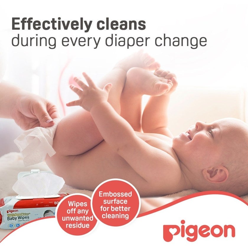 Pigeon 100% Pure Water Baby Wipes Fliptop, Pack of 80's