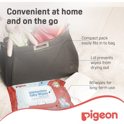Pigeon 100% Pure Water Baby Wipes Fliptop, Pack of 80's