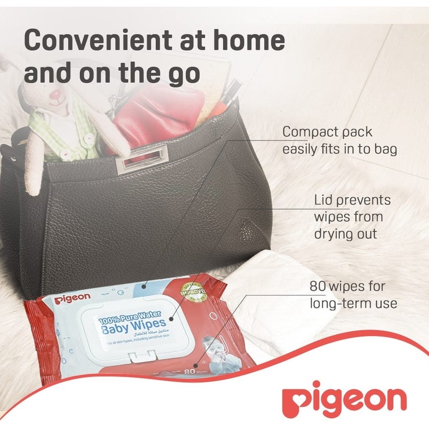 Pigeon 100% Pure Water Baby Wipes Fliptop, Pack of 80's