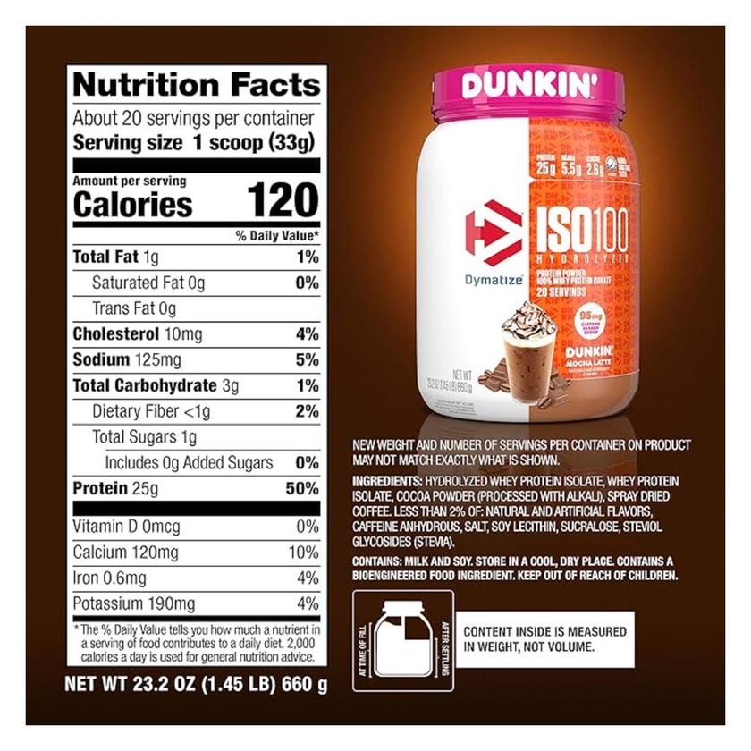 Dymatize ISO 100 Dunkin Mocha Latte Whey Protein Powder 660g