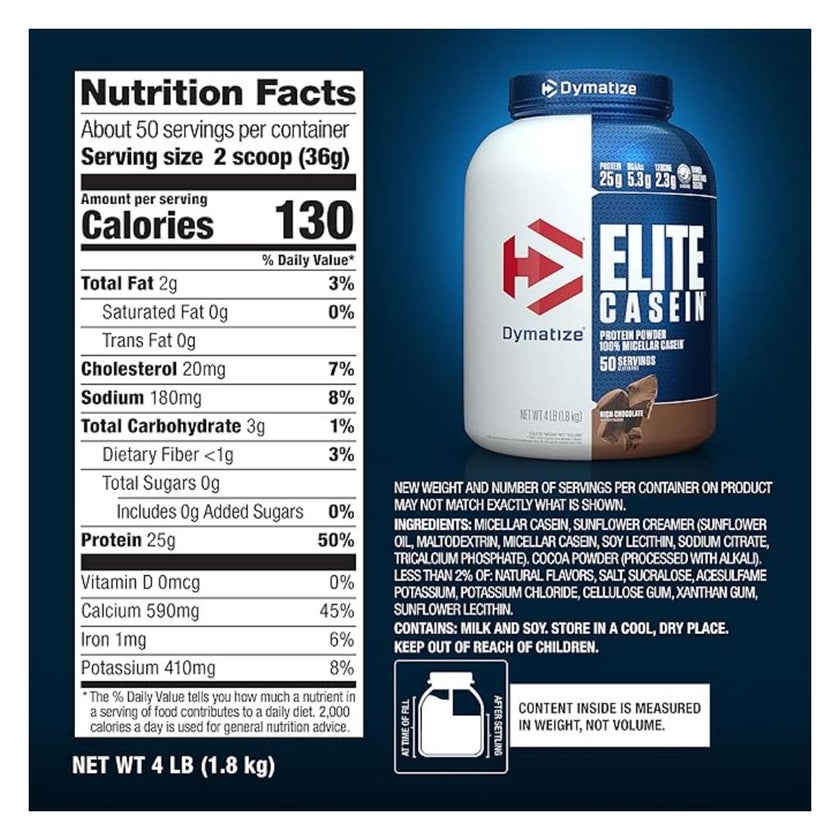 Dymatize Elite Casein Rich Chocolate Protein Powder 4lb