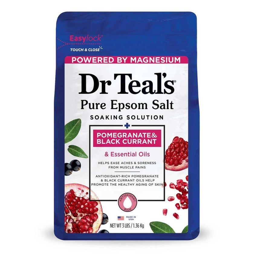 Dr Teal’s Pomegranate & Black Currant Pure Epsom Salt Soak 3 lb (1.36 kg) product package