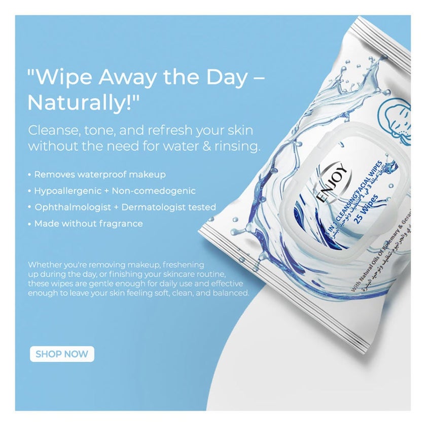 Enjoy 3-in-1 Cleansing Facial Wipes, Pack of 25's
