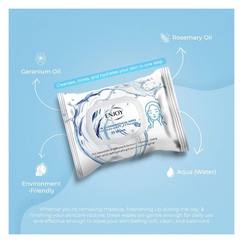 Enjoy 3-in-1 Cleansing Facial Wipes, Pack of 25's