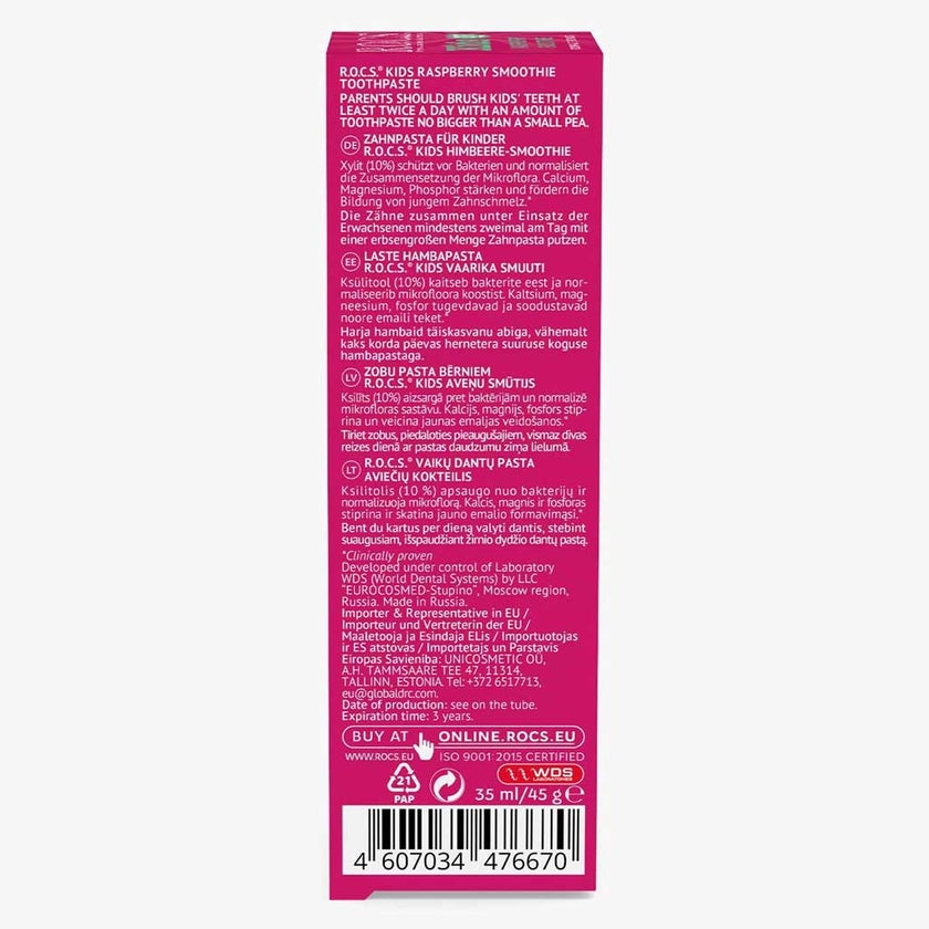 ROCS 3-7 Years Kids Raspberry Smoothie Toothpaste 35ml