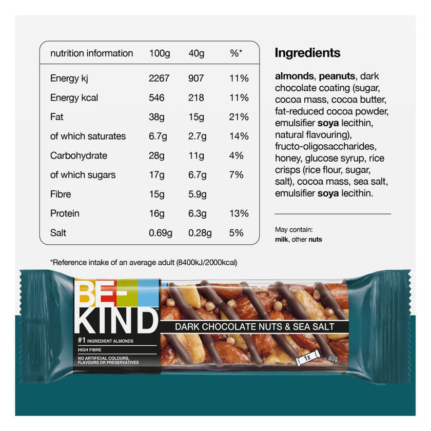Be-Kind Dark Chocolate Nuts & Sea Salt Bar 40g