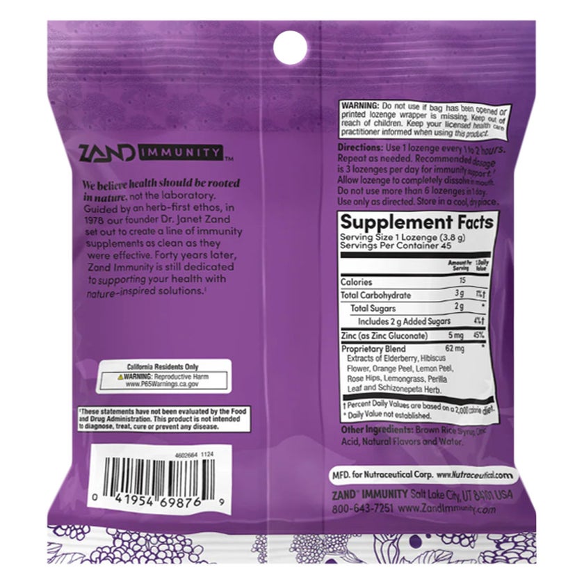 Zand Immunity Elderberry Zinc Lozenges, Pack of 45's