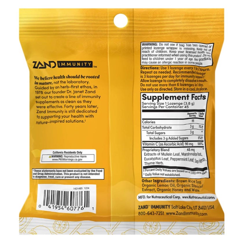Zand Immunity Lemon Honey Lozenges, Pack of 45's