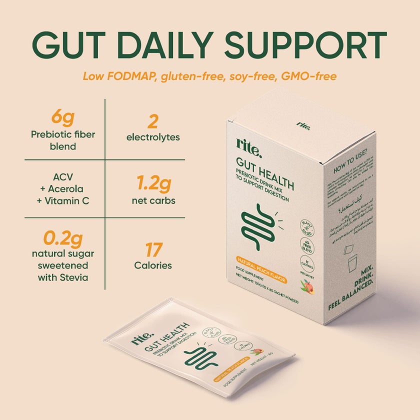 Rite Gut Health Prebiotic Natural Peach Drink Mix 8g, Pack of 15's