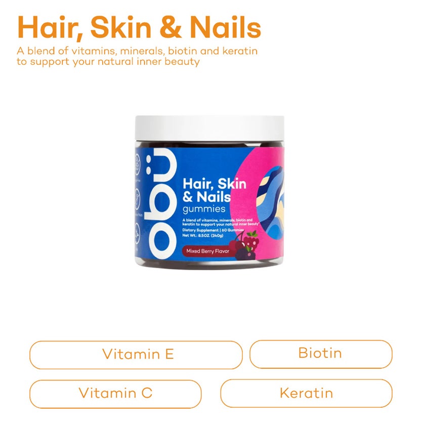 Obu Hair, Skin & Nails Mixed Berry Flavor Adult Gummies, Pack of 60’s